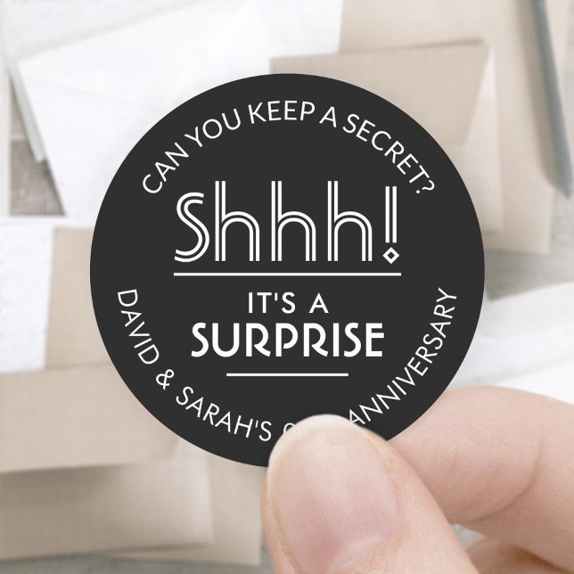 ANY Anniversary Surprise Party Elegant Black White Classic Round Sticker (Creator Uploaded)