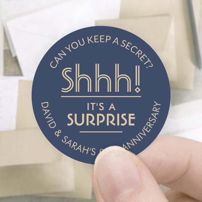 ANY Anniversary Surprise Party Navy Blue and Gold Classic Round Sticker (Creator Uploaded)