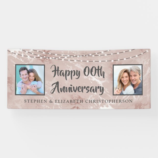 Any Anniversary Then & Now Photos Rose Gold Marble Banner (Horizontal)
