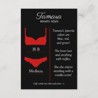 ANY BACKGROUND COLOR: Lingerie Size Insert Card