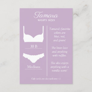 ANY BACKGROUND COLOR: Lingerie Size Insert Card