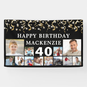 Any Birthday 12 Photo Black Gold Confetti Lights Banner