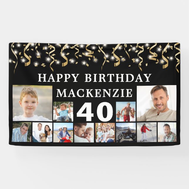 Any Birthday 12 Photo Black Gold Confetti Lights Banner (Horizontal)