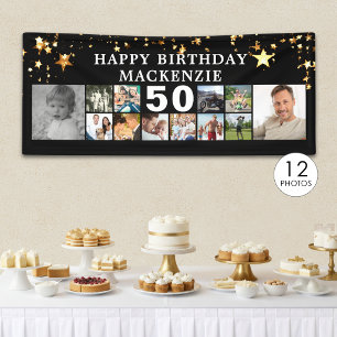 Any Birthday 12 Photo Collage Gold Stars Black Banner