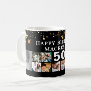 Any Birthday 12 Photo Collage Gold Stars Black Coffee Mug