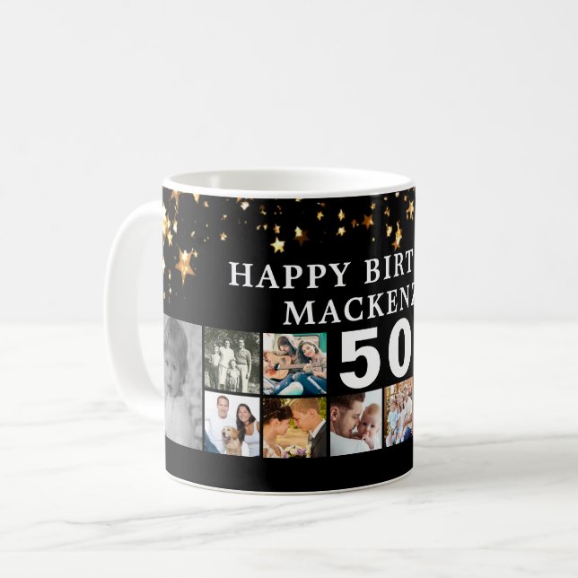 Any Birthday 12 Photo Collage Gold Stars Black Coffee Mug (Front Left)