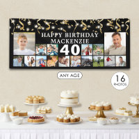 Any Birthday 16 Photo Black Gold Confetti Lights