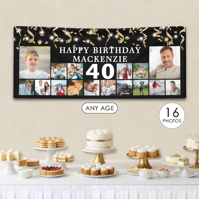 Any Birthday 16 Photo Black Gold Confetti Lights Banner (Creator Uploaded)