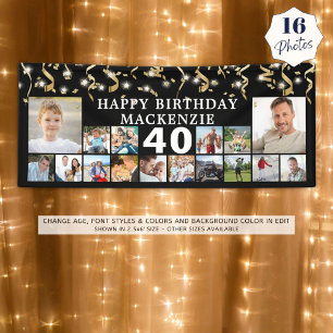 Any Birthday 16 Photo Black Gold Confetti Lights Banner