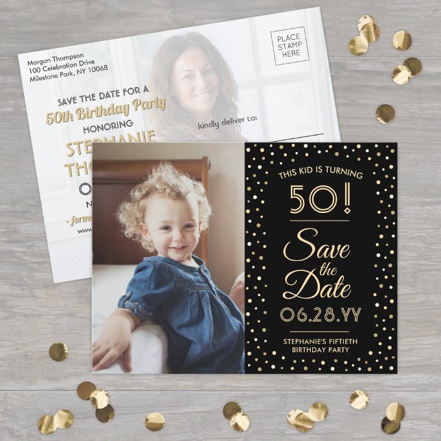 ANY Birthday 2 Photo Black and Gold Save the Date Invitation Postcard (Creator Uploaded)