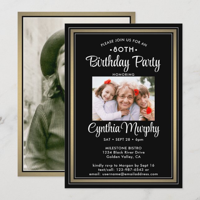 ANY Birthday 2 Photo Black, White and Gold Party Invitation (Front/Back)