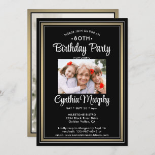 ANY Birthday 2 Photo Black, White and Gold Party Invitation