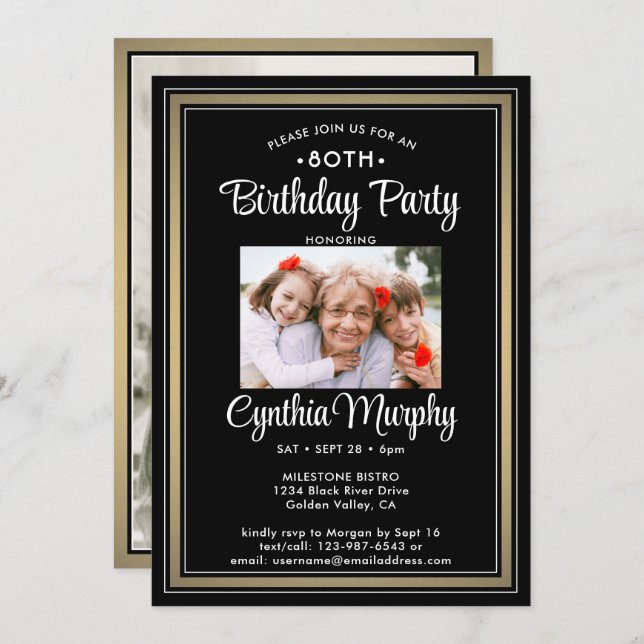 ANY Birthday 2 Photo Black, White and Gold Party Invitation (Front/Back)