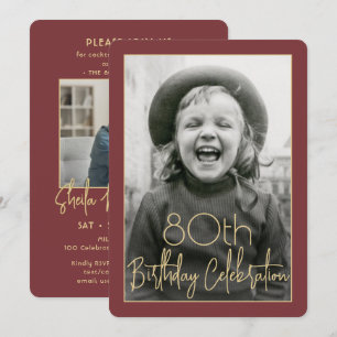 ANY Birthday 2 Photo Chic Typography Burgundy Gold Invitation