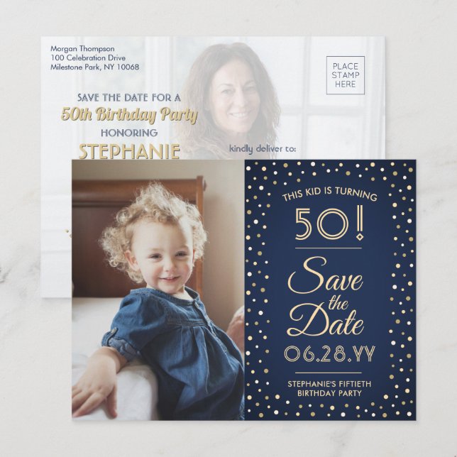 ANY Birthday 2 Photo Navy Blue Gold Save the Date Invitation Postcard (Front/Back)