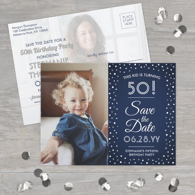 ANY Birthday 2 Photo Navy Blue White Save the Date Invitation Postcard (Creator Uploaded)