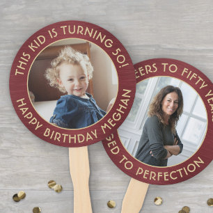 ANY Birthday 2 Photos Brushed Burgundy and Gold Hand Fan