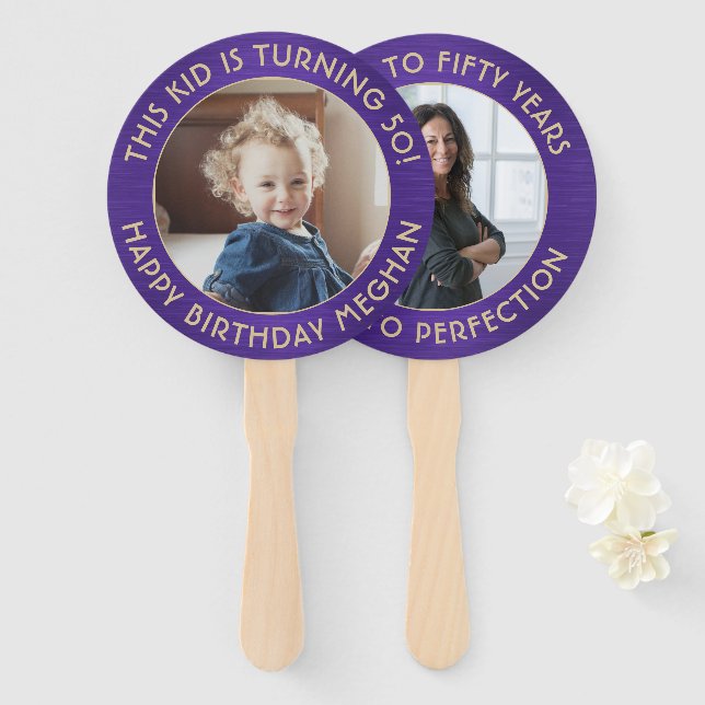 ANY Birthday 2 Photos Brushed Purple & Gold Round Hand Fan (Front and Back)