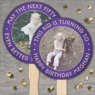ANY Birthday 2 Photos Brushed Purple & Gold Round Hand Fan