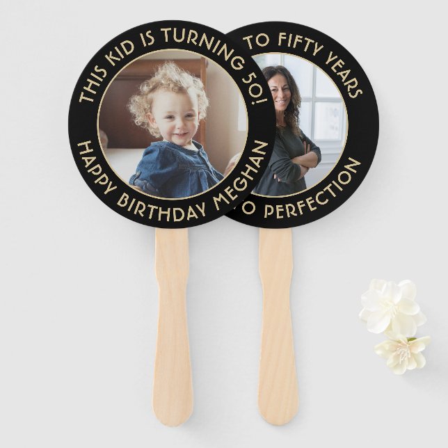 ANY Birthday 2 Photos Elegant Black and Gold Round Hand Fan (Front and Back)