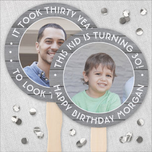 ANY Birthday 2 Photos Simple Grey Faux Wood Round Hand Fan