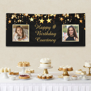 Any Birthday Black Gold Stars 2 Photos Custom Text Banner