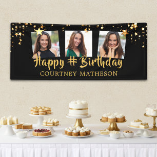 Any Birthday Black Gold Stars Photo Personalised Banner