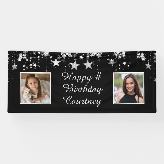 Any Birthday Black Silver Stars Photos Custom Text Banner (Horizontal)