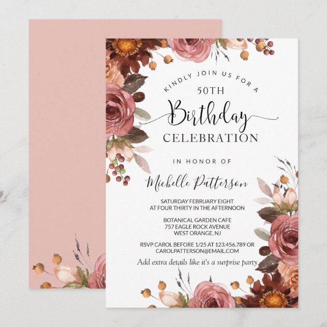 Any Birthday,  Blush and Burgundy Floral Wedding Invitation (Front/Back)