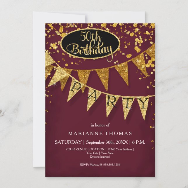 Any Birthday Burgundy Gold Pennant Banner Confetti Invitation (Front)
