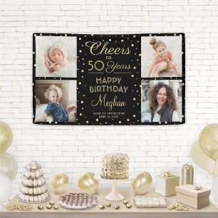 ANY Birthday Cheers 4 Photo Black & Gold Confetti Banner