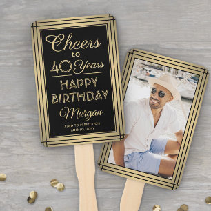ANY Birthday Cheers Black and Gold Framed Photo Hand Fan