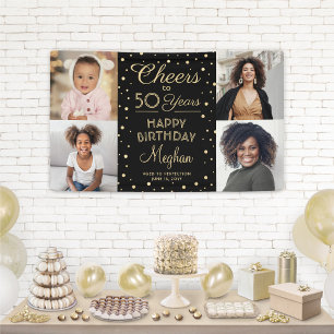 ANY Birthday Cheers Black & Gold Confetti 4 Photo Banner