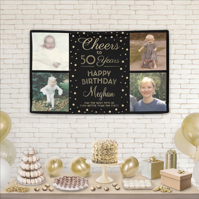 ANY Birthday Cheers Black Gold Confetti  Four Phot Banner (Creator Uploaded)