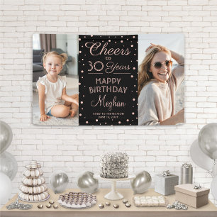 ANY Birthday Cheers Black & Pink Confetti 2 Photo Banner
