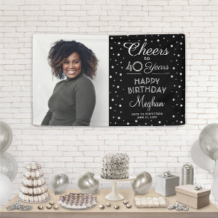 ANY Birthday Cheers Black Silver Confetti 1 Photo Banner