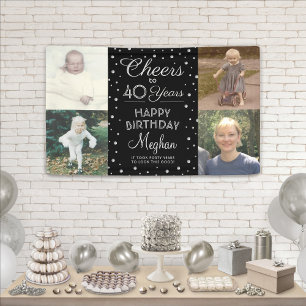 ANY Birthday Cheers Black & White Confetti 4 Photo Banner