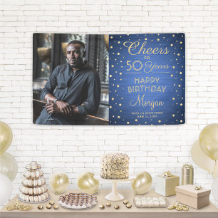 ANY Birthday Cheers Brushed Blue and Gold 1 Photo Banner