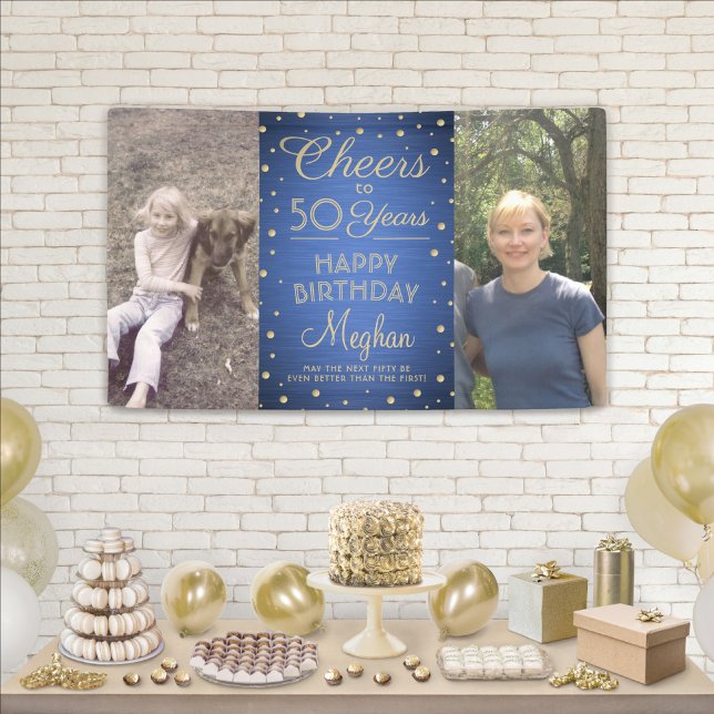 ANY Birthday Cheers Brushed Blue and Gold 2 Photo Banner (Creator Uploaded)
