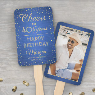 ANY Birthday Cheers Brushed Blue and Gold Confetti Hand Fan