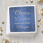 ANY Birthday Cheers Brushed Blue and Gold Confetti Napkin<br><div class="desc">Add an elegant personalized touch to birthday party decorations with these custom blue and gold paper napkins. This template is set up for a fiftieth birthday celebration, but is simple to customize to a different year. Design features modern script calligraphy editable "Cheers to 50 Years" and glittery foil look confetti...</div>