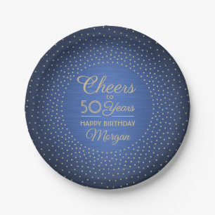 ANY Birthday Cheers Brushed Blue and Gold Confetti Paper Plate
