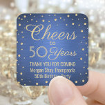 ANY Birthday Cheers Brushed Blue and Gold Confetti Square Sticker<br><div class="desc">Add a personalised finishing touch to birthday party thank you notes or favours with these blue and gold square stickers / envelope seals. This template is set up for a 50th birthday, but is simple to customise to another year or event, such as an anniversary. Design features foil look confetti...</div>