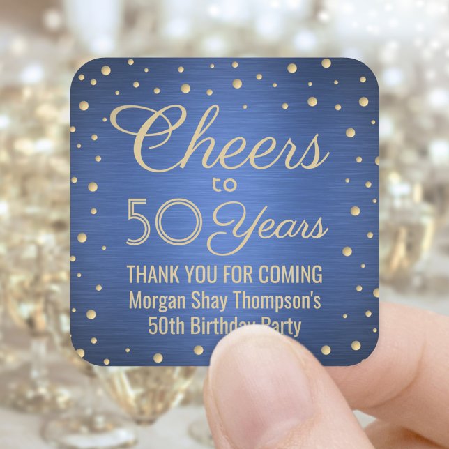 ANY Birthday Cheers Brushed Blue and Gold Confetti Square Sticker (Creator Uploaded)