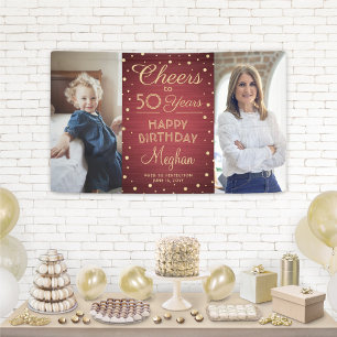 ANY Birthday Cheers Brushed Burgundy Gold 2 Photo Banner