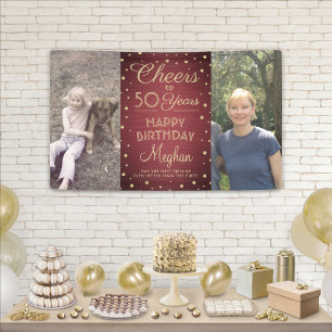ANY Birthday Cheers Brushed Burgundy Gold 2 Photo Banner