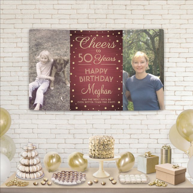 ANY Birthday Cheers Brushed Burgundy Gold 2 Photo Banner (Creator Uploaded)