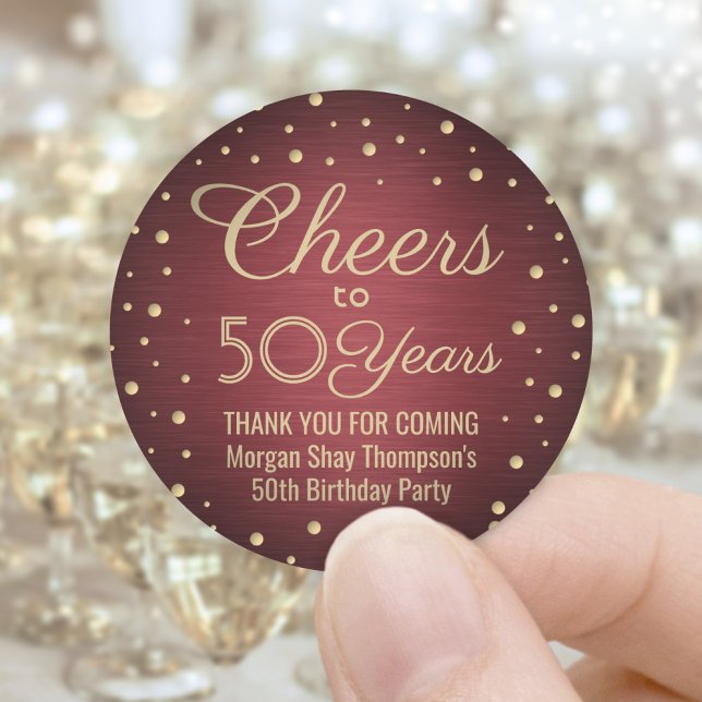 ANY Birthday Cheers Brushed Burgundy Gold Confetti Classic Round Sticker (Creator Uploaded)