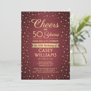ANY Birthday Cheers Brushed Burgundy Gold Confetti Invitation