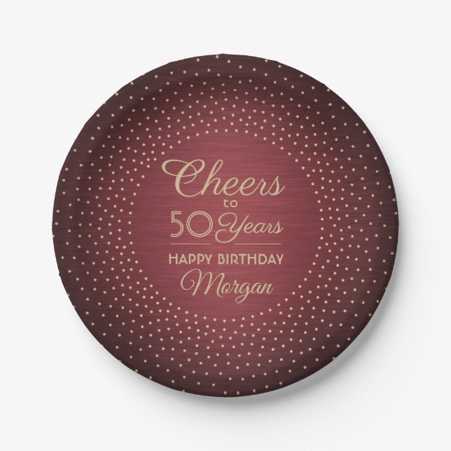 ANY Birthday Cheers Brushed Burgundy Gold Confetti Paper Plate (Front)